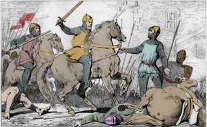 Hugues Capet (941-996) capture Charles de Lorraine en 988 - Fin de la dynastie carolingienne, 988 : arrestation de Charles (953-991), duc de Basse Lorraine, par Hugues Capet (941-996) et son armée - Gravure de 1825 dans « Histoire de France représentée par
