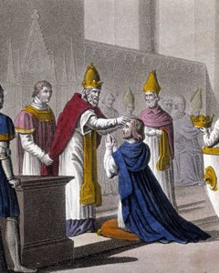 Louis II consacré une seconde fois au Concile de Troyes par Jean VIII en 879 (détail). Conçu et gravé par Ambroise Tardieu en 1825