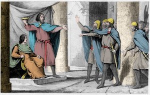 Louis V le Fainéant montre sa couronne à ses partisans en 986 - Louis V le Fainéant (c. 967-987), proclamé roi de France par la protection de Hugues Capet, devenu roi de France, en 986 - Gravure de 1825 dans « Histoire de France représentée par des tableau