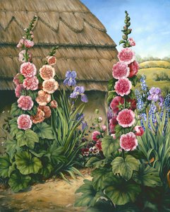 Jardin de cottage avec roses trémières, 1995