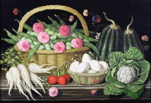Œufs, fèves et roses dans un panier, 1995