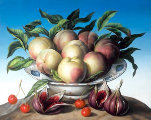 Pêches dans un bol de Delft avec figues violettes