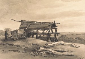 Vue à Harrow : avec ouvrier agricole, charrette et grange en ruine