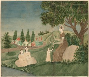 Mère et trois enfants faisant une couronne de fleurs