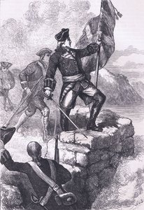 Washington plantant le drapeau britannique au Fort Duquesne, illustration tirée de Cassells History of the United States publiée par Cassell, Petter & Galpin, vers 1900 (lithographie)