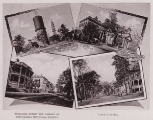 Ancien Bethel des marins ; Réservoir ; Première église baptiste africaine ; Résidence Hardee ; Première église baptiste blanche ; Rue Whitaker et bibliothèque de la société historique de Géorgie ; Rue Liberty (photo en noir et blanc)