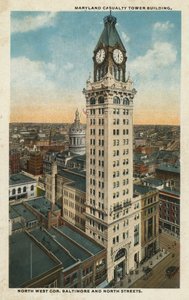 Baltimore, MA : Maryland Casualty Tower Building, angle nord-ouest des rues Baltimore et North (photo couleur)