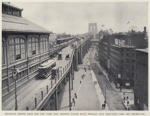 Pont de Brooklyn depuis le côté de New York, montrant la route des wagons, la ligne de tramway, les voitures surélevées et la promenade