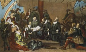Embarquement des pèlerins, depuis le port de Delft, 22 juillet 1620 (impression)