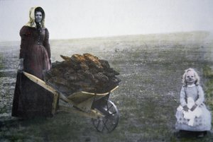 Femme pionnière collectant des bouses de vache, Kansas, vers 1880 (photo colorisée) - American Photographer