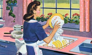 Une ménagère des années 1940 fait la vaisselle dans sa cuisine de rêve - American School