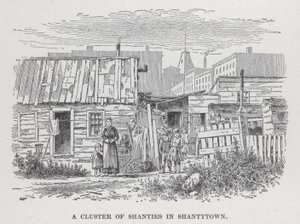 Un groupe de cabanes dans Shantytown (lithographie) - American School