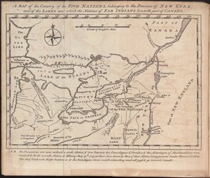 Carte du pays des Cinq Nations, appartenant à la province de New York; et des lacs près desquels vivent les nations des Indiens lointains, avec une partie du Canada, par Cadwallader Colden - American School