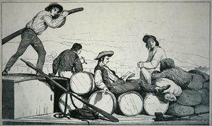 Un chaland transportant du fret sur le fleuve Mississippi, c.1840