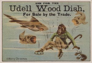 Joyeux Noël, carte de commerce faisant la publicité des plats en bois Udell