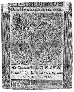 Billet de cent shillings imprimé par B. Franklin et D. Hall, 1759 - American School