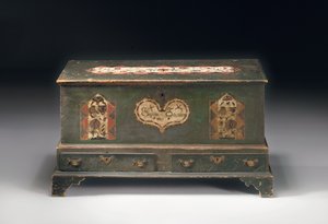 Coffre de dot à dessus relevable peint, inscrit Susana Scheblern, probablement comté de Lancaster, Pennsylvanie, 1790