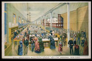 Publicité pour les articles de chapellerie Hill Bros. avec une vue intérieure de la salle de vente principale