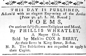 Annonce pour le premier livre de Phillis Wheatley, tirée du Boston Gazette, 7 février 1774