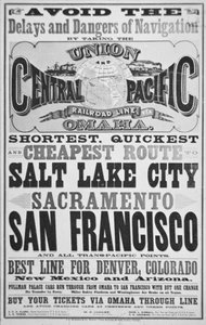 Publicité pour la ligne de chemin de fer Union et Central Pacific, vers 1870