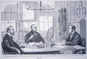 Allan Pinkerton en consultation avec des clients dans son bureau de Philadelphie