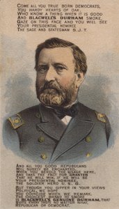 Soldat et homme politique américain Ulysses S. Grant, carte de commerce faisant la publicité du tabac Blackwell Durham Bull, années 1870