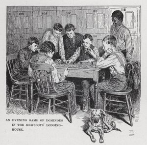 Une partie de dominos en soirée dans le foyer des vendeurs de journaux (lithographie) - American School