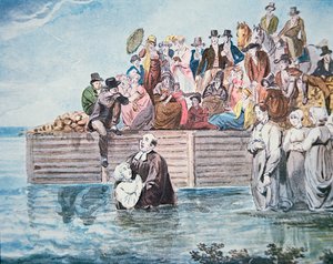 Les Anabaptistes de Philadelphie assistent à un baptême par immersion totale dans une rivière (lithographie en couleur)