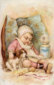 Bébé avec chiot buvant au biberon, publicité pour le lait conservé