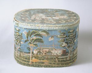 Boîte à chapeaux recouverte de papier imprimé montrant une vue du château, vers 1835 - American School