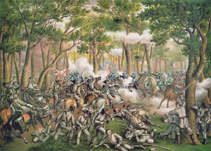 Bataille de la Wilderness, mai 1864, gravée par Kurz & Allison