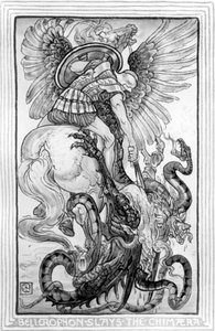 Bellepheron tue la Chimère, tiré de The Wonder-Book for Girls and Boys écrit par Nathaniel Hawthorne, 1852 - American School