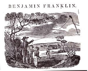 Benjamin Franklin (1706-90) conduit son expérience du cerf-volant - American School