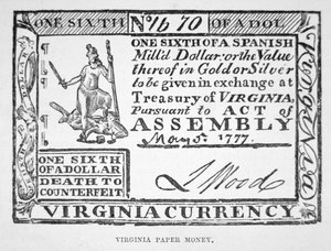 Billet pour un sixième de dollar, monnaie papier de Virginie de 1777
