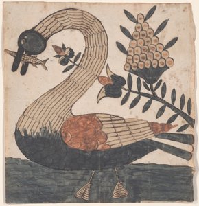Oiseau avec poisson, peinture Fraktur - American School