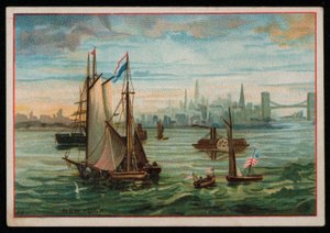 Bateaux dans le port de New York, carte de vœux (chromolithographie)
