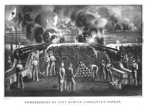 Bombardement de Fort Sumter, port de Charleston depuis Fort Moultrie, 12 et 13 avril 1861, pub. par Currier et Ives - American School