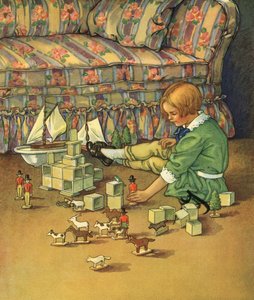 Garçon jouant avec des soldats de plomb et des blocs - American School