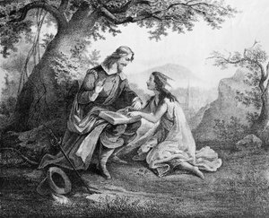 Le capitaine John Smith (1580-1631) enseignant à Pocahontas (c.1595-1617) à lire