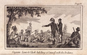 Le capitaine Lewis et Clarke tenant un conseil avec les Indiens, pub. 1812 (gravure) - American School