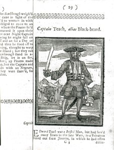 Capitaine Teach, alias Barbe Noire, de Histoire et vies de tous les pirates les plus notoires et de leurs équipages, Londres, 1725 - American School