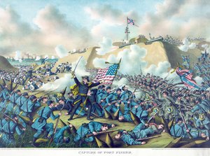 Prise de Fort Fisher, pub. 1890 (lithographie couleur) - American School