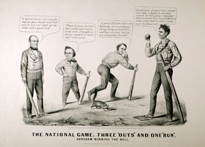 Caricature montrant Abraham Lincoln (1809-65) gagnant le ballon contre ses adversaires Douglas, Bell et Breckenridge lors de l