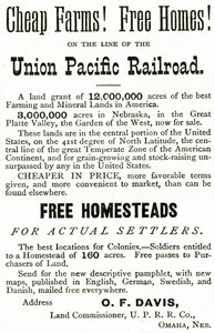 Fermes bon marché et maisons gratuites sur la ligne de chemin de fer Union Pacific, publicité de Appletons Journal, 4 mai 1872