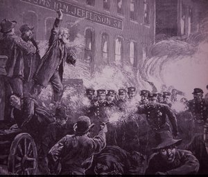Émeute ouvrière de Haymarket à Chicago en 1886, gravure publiée dans Harper