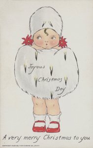Carte de vœux de Noël représentant un enfant avec un manchon et un chapeau en fourrure de Noël. (chromolitho) - American School