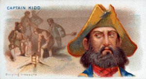 Carte de cigarette Capitaine Kidd, enterrant un trésor, pub. 1888 lithographie en couleur