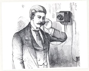 Téléphone à condensateur en usage, de The Electric Telephone par George Bartlett Prescott, 1890