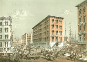 Coin de Clark et South Water Street, de Chicago Illustrated, avec descriptions littéraires par James W. Sheahan, publié par Jevne & Almini, Chicago, 1866-67 - American School
