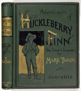 Couverture des Aventures de Huckleberry Finn par Mark Twain, première édition américaine, publiée par Charles L. Webster, 1885